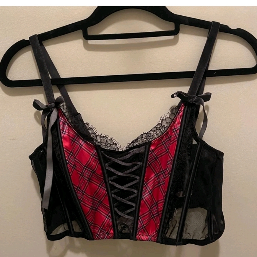Lacy Plaid Unlined Lace Up corset top - Picture 6 of 8